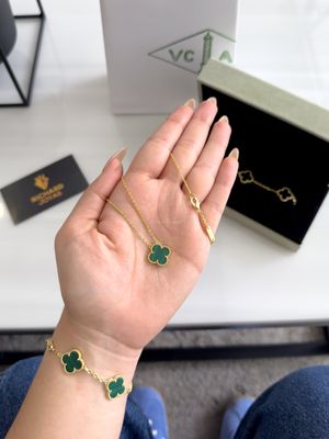 Cadena Trébol Verde – Estilo Van Cleef en Plata 925 con Baño de Oro 14k (15mm / 45cm)
