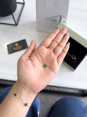 Cadena Trébol Verde – Estilo Van Cleef en Plata 925 con Baño de Oro 18k (9mm / 45cm)
