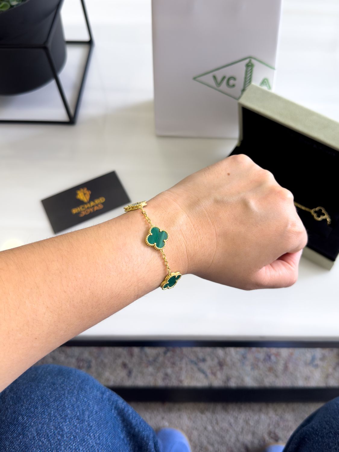 Pulsera Trébol Verde en Plata 925 con Baño de Oro 18k - 18cm