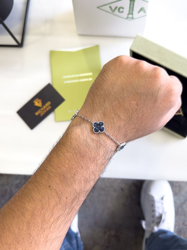 Pulsera Estilo Van Cleef en Plata 925 con Trébol Marmoleado Azul – 21cm / 15mm