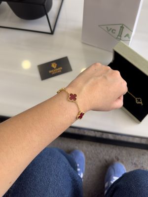 Pulsera Trébol Rojo Plata 925 con Baño de Oro 18k – Estilo Van Cleef 18cm X 15mm