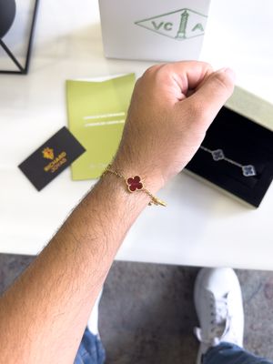 Pulsera Trébol Rojo Plata 925 con Baño de Oro 18k – Estilo Van Cleef 21cm X 15mm