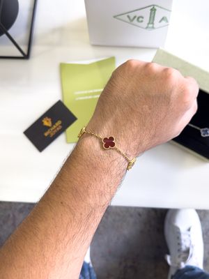 Pulsera Trébol Rojo Plata 925 con Baño de Oro 18k – Estilo Van Cleef 21cm X 15mm