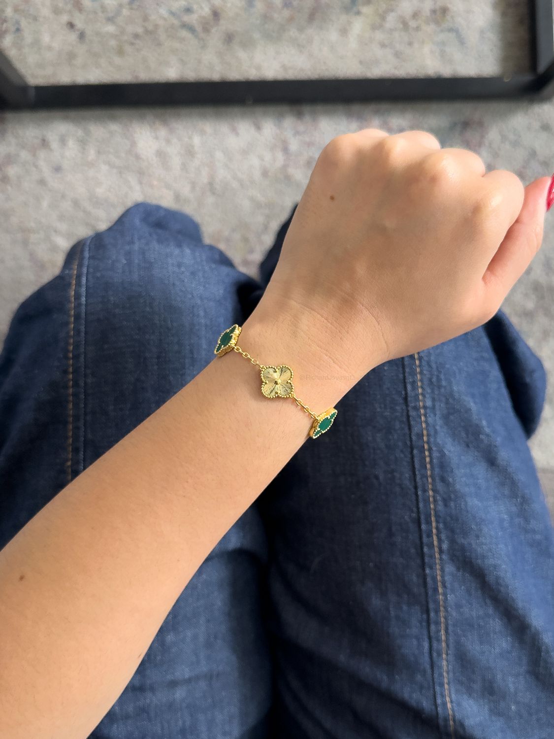 Pulsera Trébol Dorado y Verde Estilo Van Cleef – Plata 925 con Baño de Oro 18k (18cm)