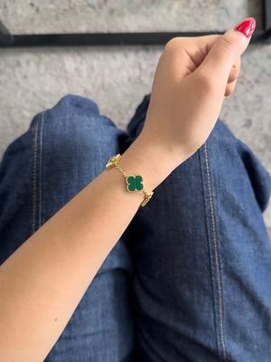Pulsera Trébol Dorado y Verde Estilo Van Cleef – Plata 925 con Baño de Oro 18k (18cm)