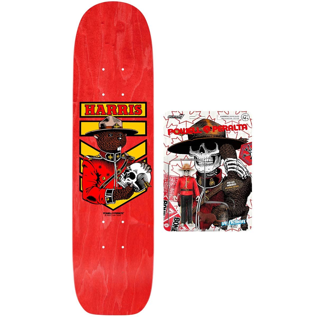 POWELL PERALTA KEVIN HARRIS MOUNTIE REISSUE DECK RED 7″ X 26.6″ RED + SUPER 7 FIGURE