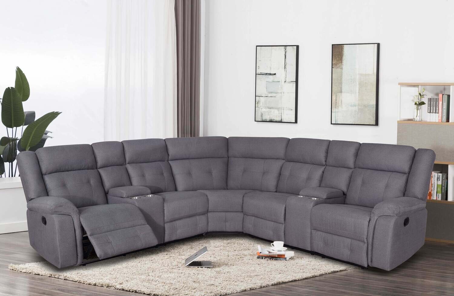 Dark Gray Fabric Sectional Group with 2 Console & 2 Recliners