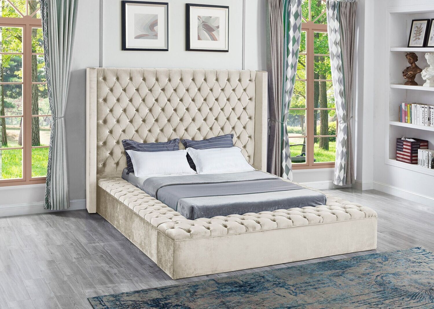 Beige Upholstered Queen Bed with Storage