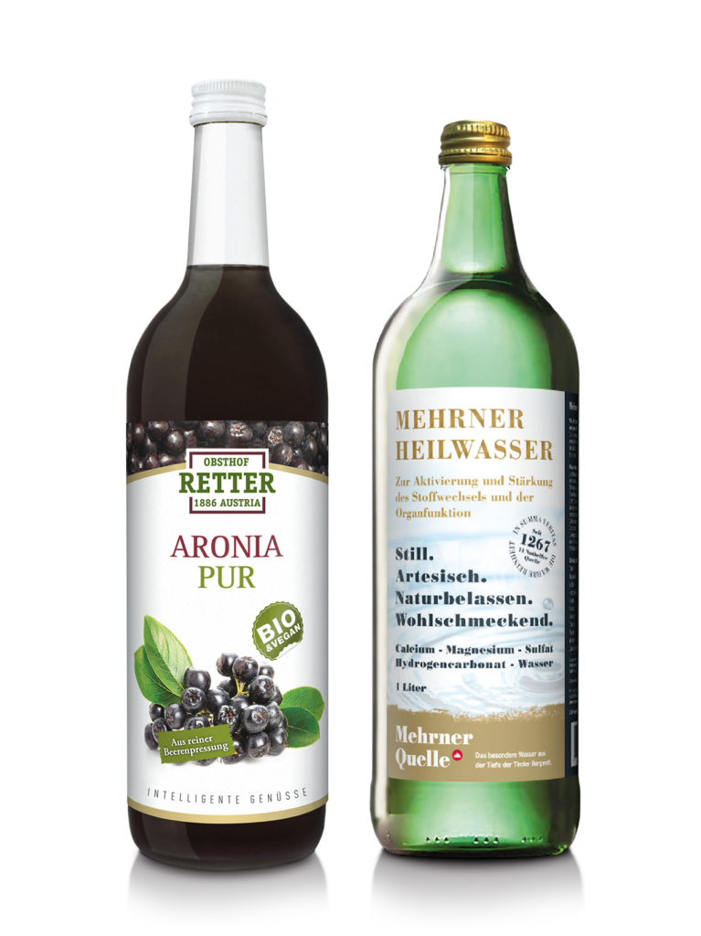 11+1 Flaschen | Bio Aronia pur, 100 % Direktsaft & Mehrner Heilwasser Kur