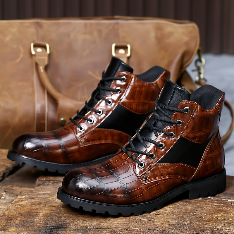 Crocodile Leather Men's Boots | Leather Shoes Men's Fashion Medium Cut ...