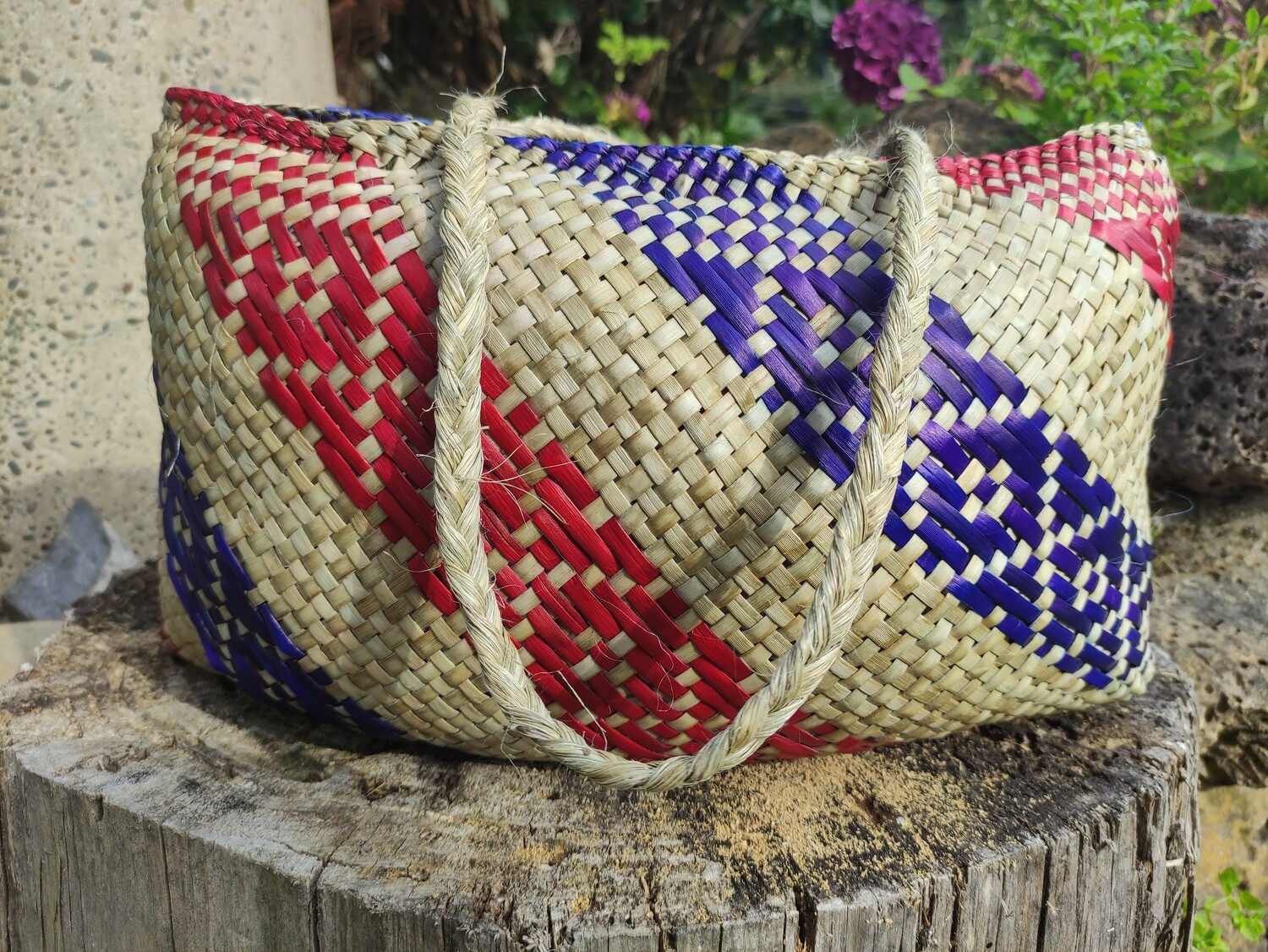 Natural, red &amp; blue harakeke kete