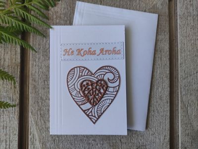 White &amp; rose gold embossed heart &quot;He Koha Aroha&quot; Mini Card