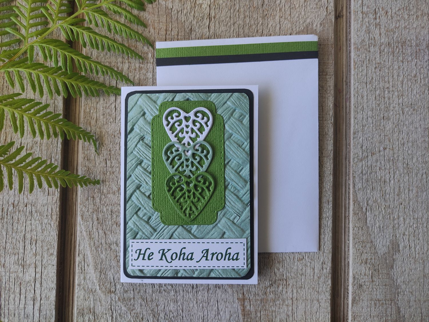 Green &amp; White hearts &quot;He Koha Aroha&quot; Mini Card