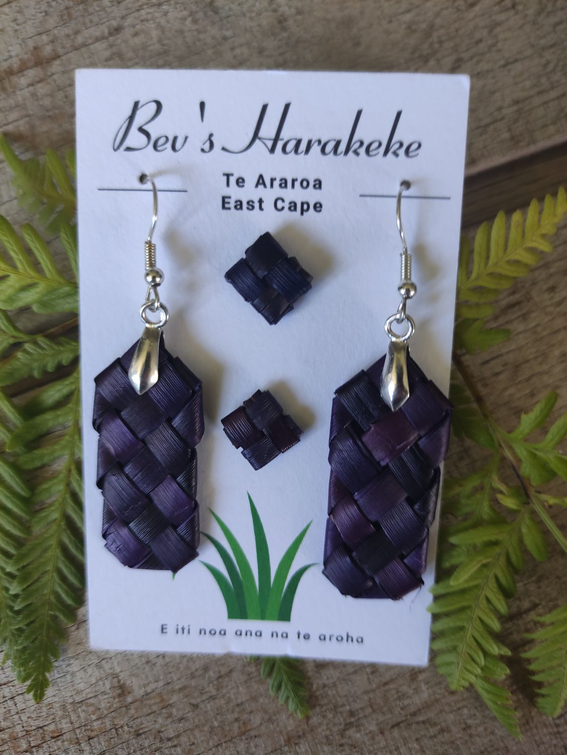 Shades of purple harakeke drop earrings, silver hooks with tapawhā studs