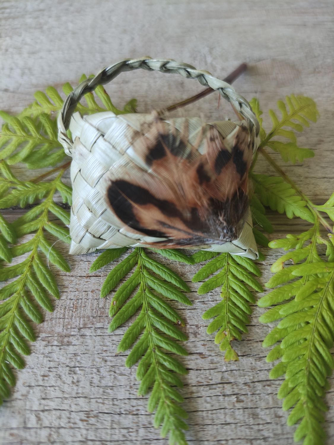 Natural harakeke kete brooch with feathers
