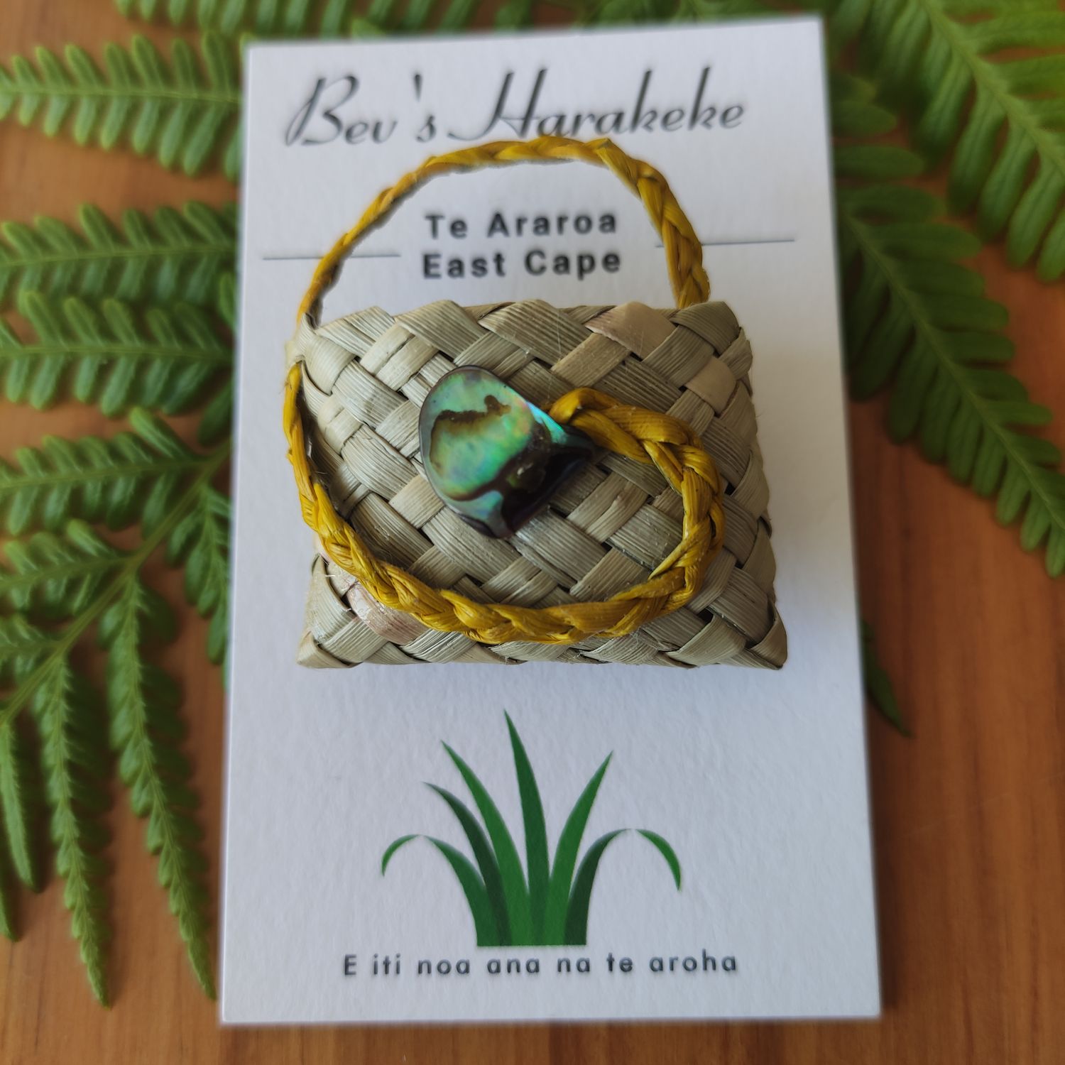 Natural harakeke kete magnet with yellow handle &amp; paua shell