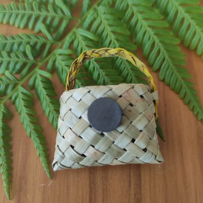 Natural harakeke kete magnet with yellow handle &amp; paua shell
