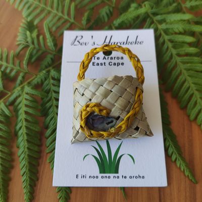 Natural harakeke kete brooch, yellow handle &amp; paua shell