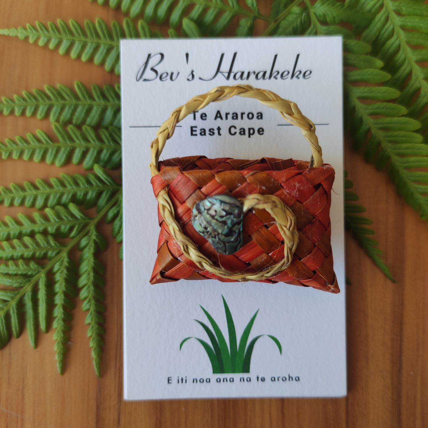 Orange &amp; natural harakeke kete magnet with paua shell