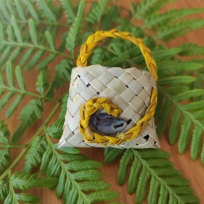 Natural harakeke kete brooch, yellow handle & paua shell