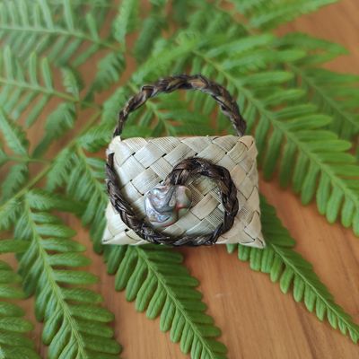 Natural kete brooch with dark brown handle &amp; paua shell