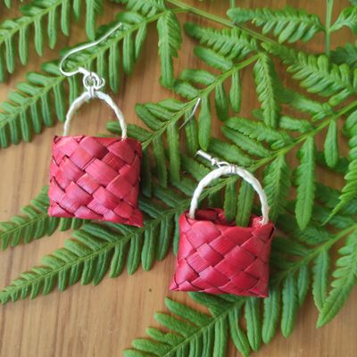 Red mini-kete earrings with muka handles