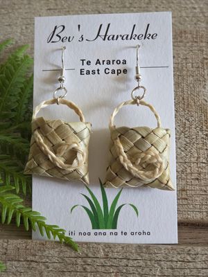 Natural harakeke mini-kete earrings