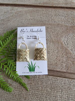 Natural harakeke mini-kete earrings