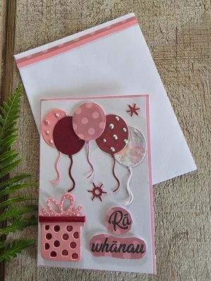 "Rā Whānau" Mini Card - Happy Birthday. Balloons in soft pinks &amp; burgundy