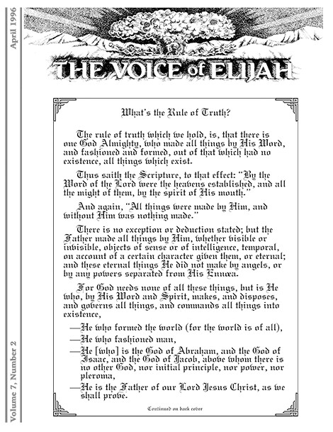 The Voice of Elijah® April 1996 Newsletter