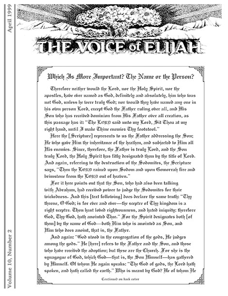 The Voice of Elijah® April 1999 Newsletter