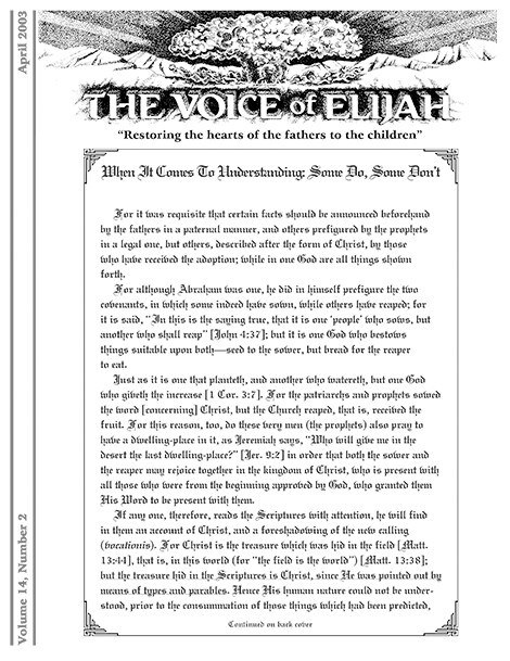 The Voice of Elijah® April 2003 Newsletter