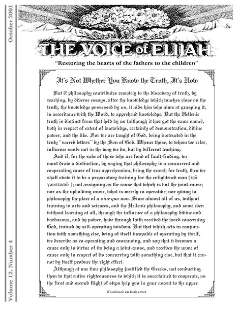 The Voice of Elijah® October 2001 Newsletter