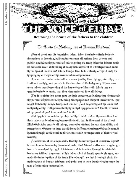 The Voice of Elijah® October 2008 Newsletter