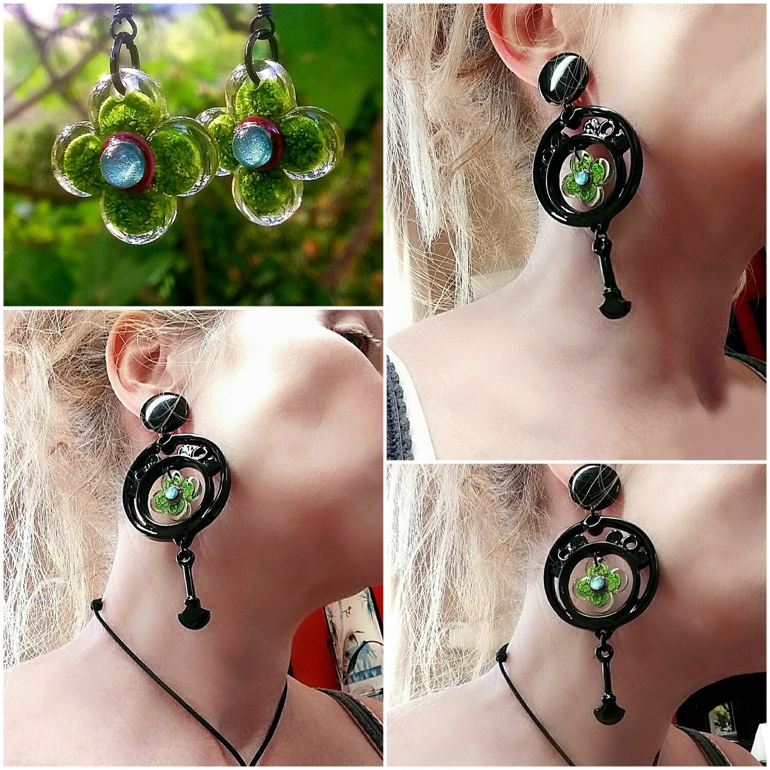 Boucles d'oreilles fleurs vertes  Art Nouveau