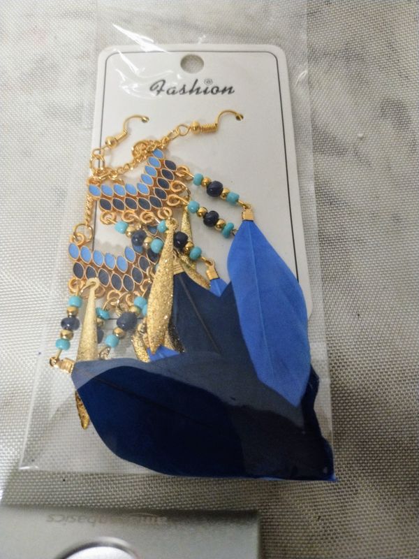 Fashion Dangle Earrings w/ Blue Feather
