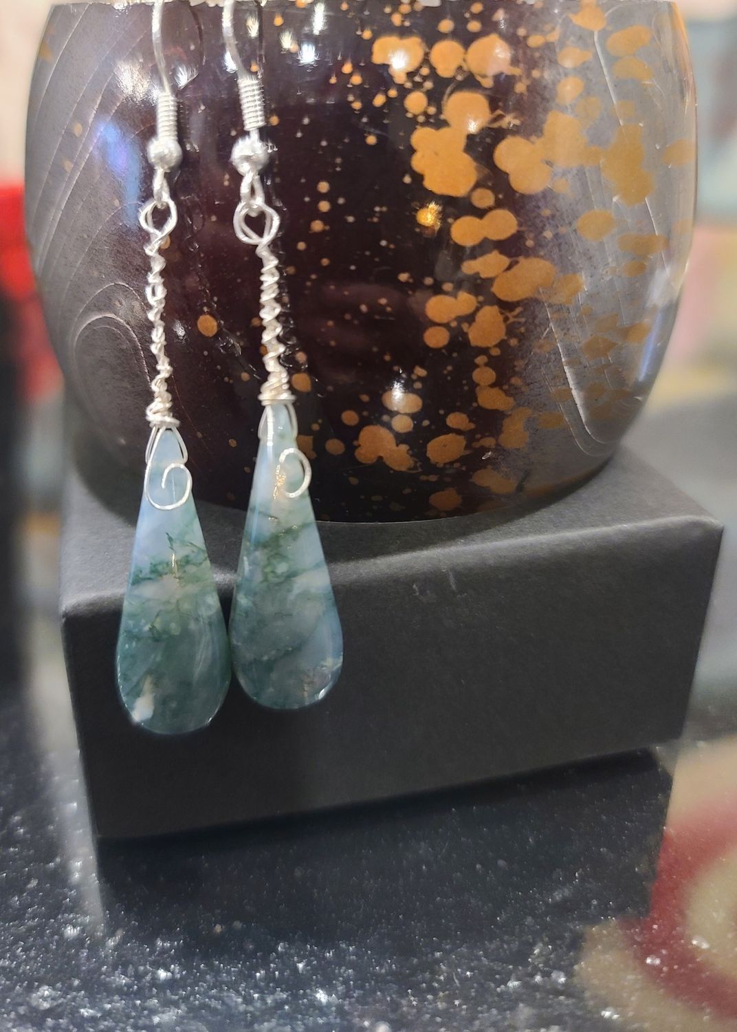 Moss Agate Drop Earrings Sterling