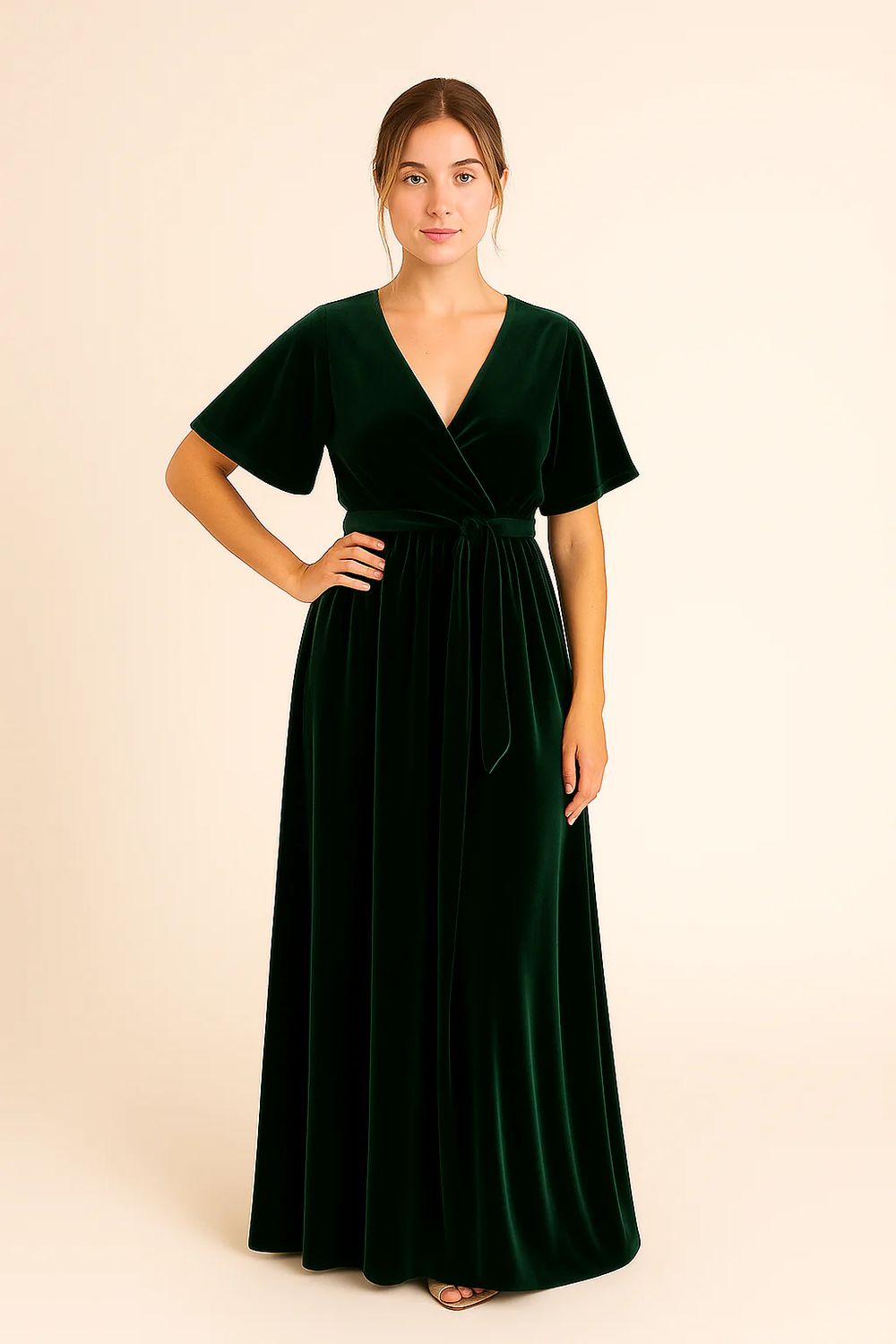 wrap dress bridesmaid Standard / XS Sage Green V-Neck Floral Satin Bridesmaid Dress with Flutter Sleeves main image 0