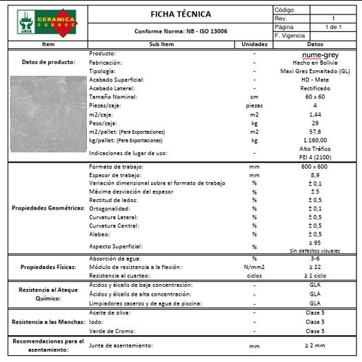 $13.990 M2 GRES PORCELANICO NUMA GREY 60X60 CMS  CAJA1.44 M2