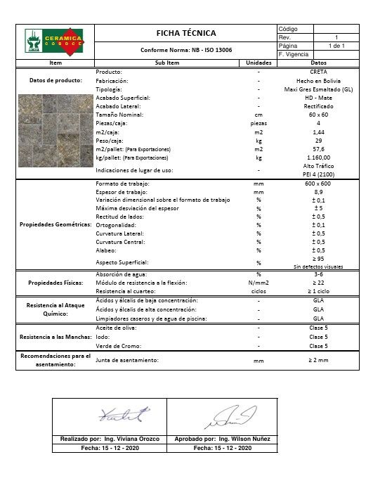 $ 13.990 M2 GRES PORCELANICO CRETA 60X60 CMS CAJA 1.44 M2