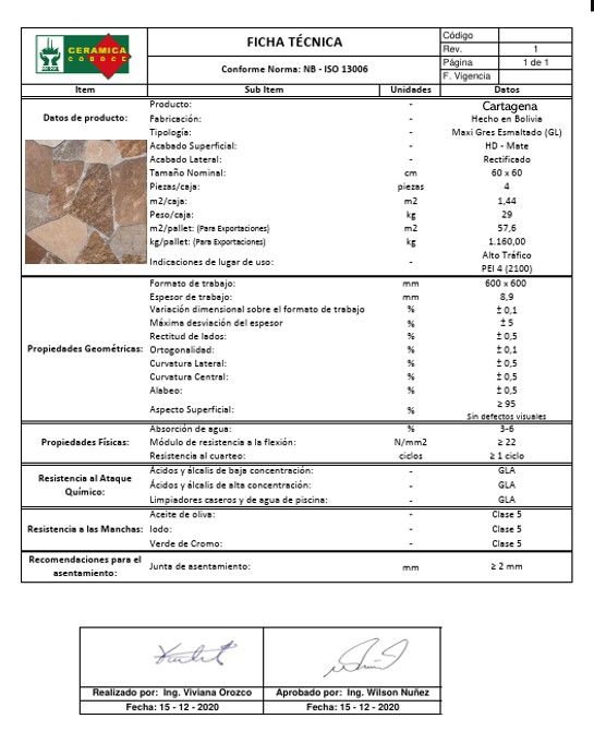 $13.990 M2 GRES PORCELANICO CARTAGENA 60X60 CMS CAJA 1.44 M2