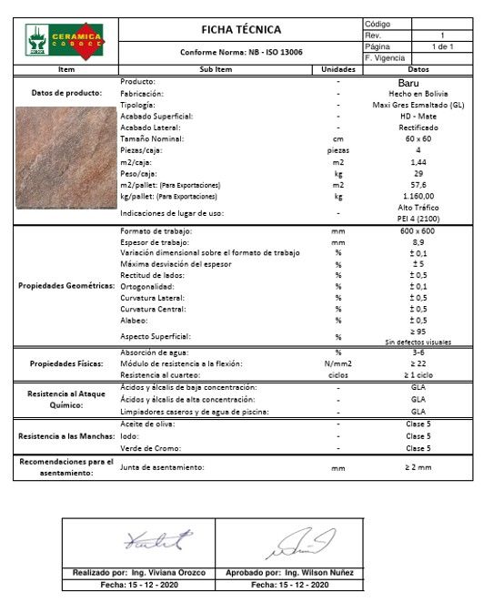 $13.990 M2 GRES PORCELANICO BARU 60X60 CMS  CAJA 1.44 M2