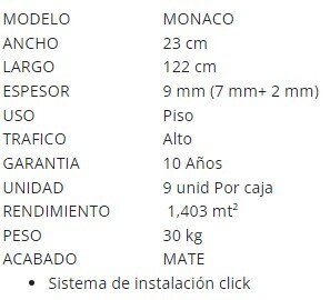 $21.990 M2  SPC MONACO 9.0  MM                       23 CM X 1.22 MT                       CAJA 1.403 M2