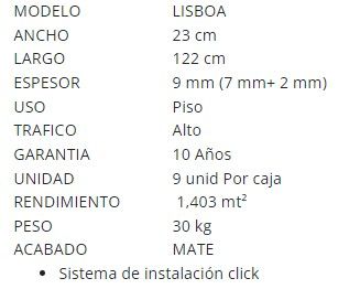 $21.990 M2  SPC  LISBOA 9.0 MM                        23 CM X 1.22 MT                        CAJA 1,403 M2