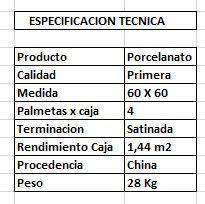 $ 15.990  M2 PORCELANATO GRANADA  60X60 CMS                                        CAJA 1,44 M2