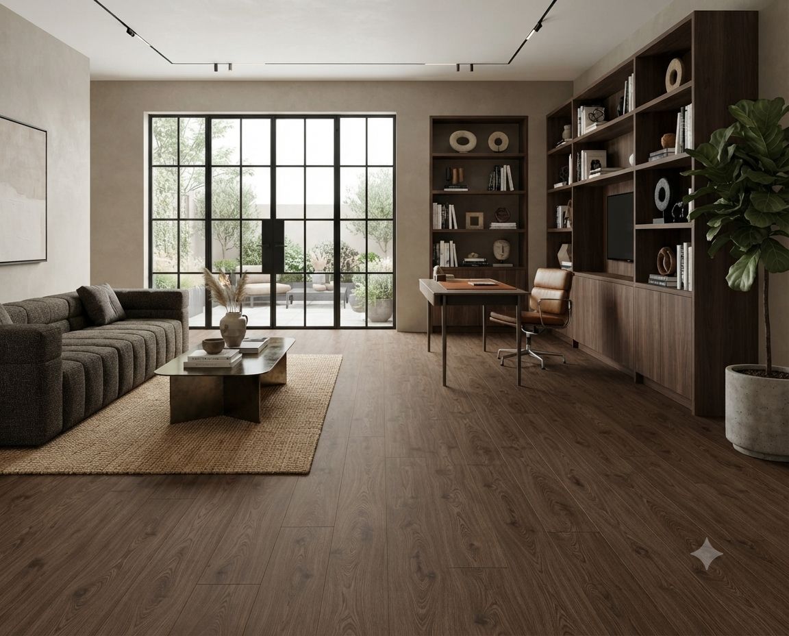 $ 17.990 M2 PISO FLOTANTE HIDROFUGO 8MM  DARK BROWN   OAK 19.2 CM X 1.286 MT RINDE 2.469 MT2