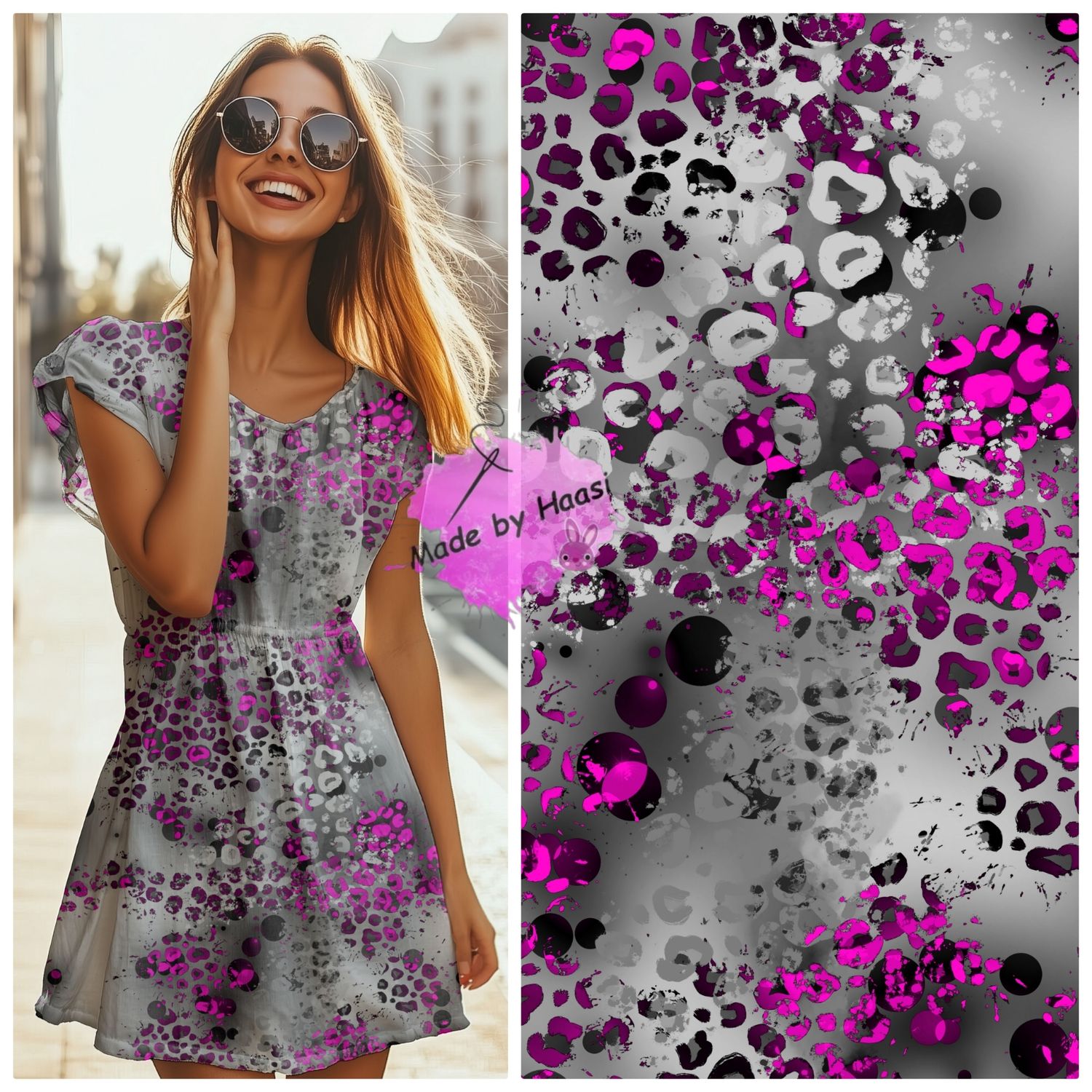 Meterware AO  Meterware AO "Crazy Leo grau pink" Bio FrenchTerry Überbreite 0,10 Meter Schritte