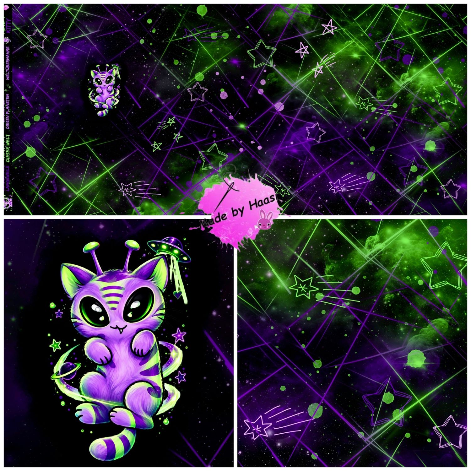 Vorbestellung Panel "Alien Kitty lila" Bio French Terry Überbreite