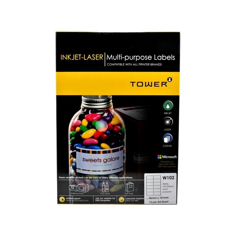 A4 (Multi-Purpose) Label Sheet, Type: W102 (12up), Size: 46x101mm
