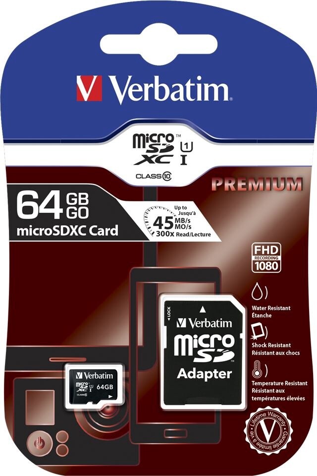 Micro SDXC Verbatim -64GB Class 10 with Adaptor